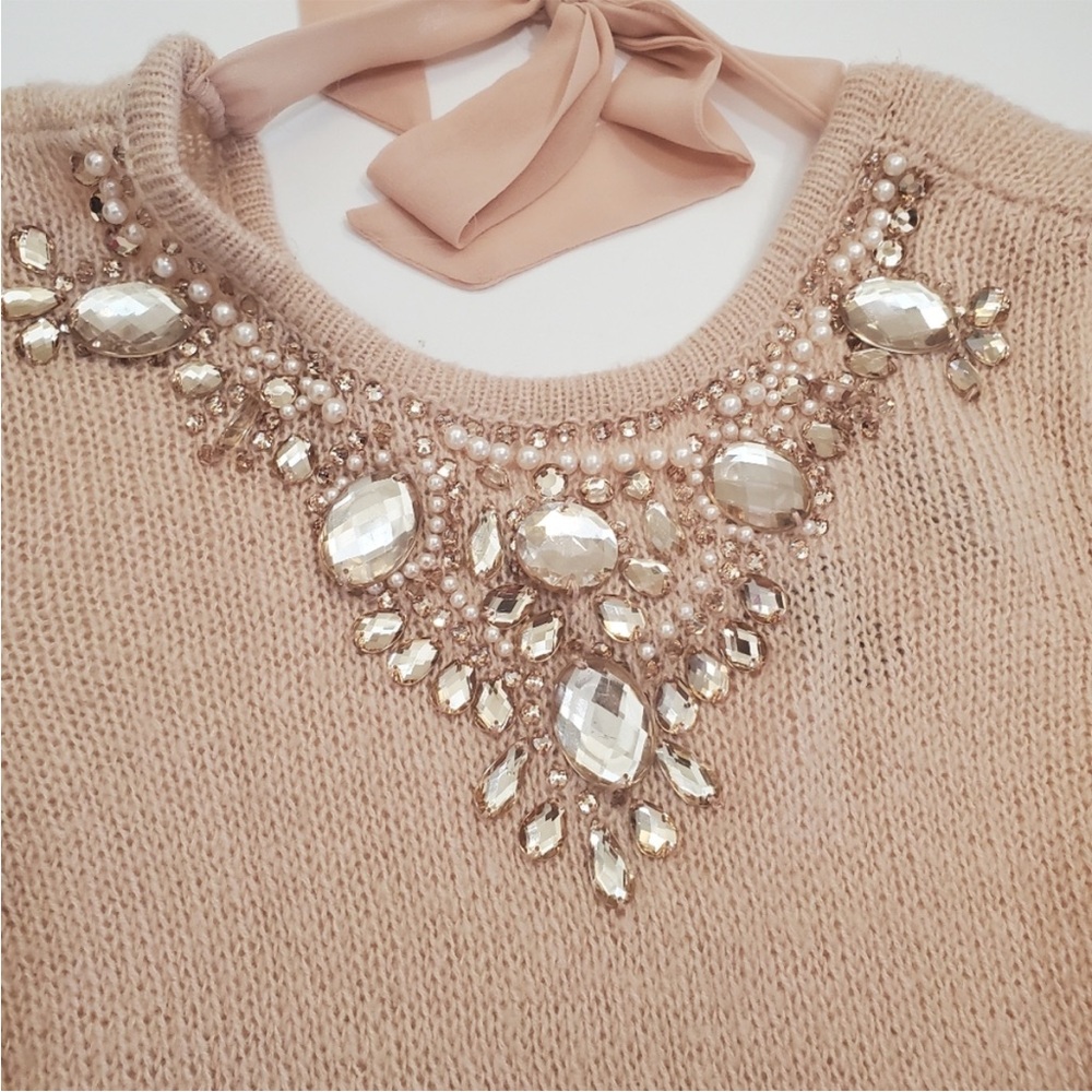 Embellished Beige Sweater with Gem Accents